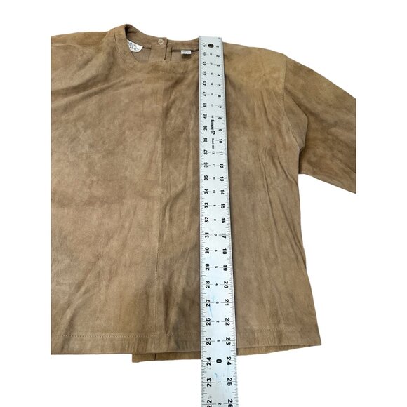 Suede Leather Skirt Jacket Suit Womens 6 Brown Tan Midi Long Sleeves Vintage 90s - Picture 9 of 16